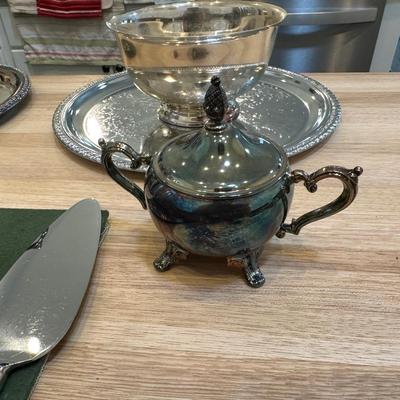 SILVER PLATE TEA SERVICE AND SERVING PIECES