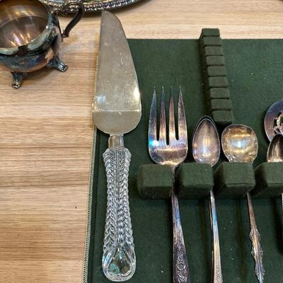 SILVER PLATE TEA SERVICE AND SERVING PIECES