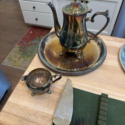 SILVER PLATE TEA SERVICE AND SERVING PIECES