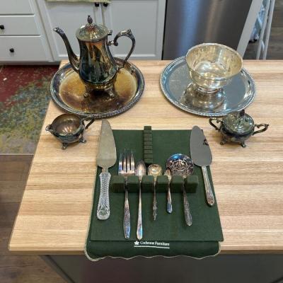 SILVER PLATE TEA SERVICE AND SERVING PIECES