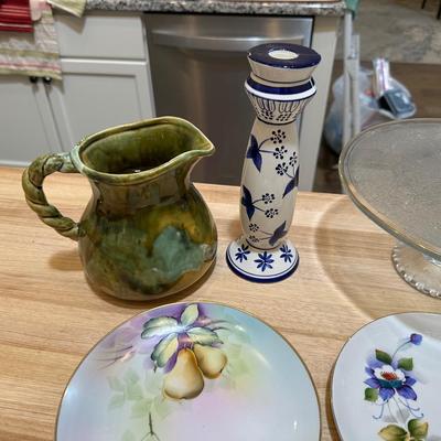 HAND PAINTED PLATES AND OTHER GLASS AND POTTERY