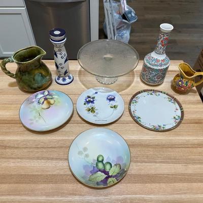 HAND PAINTED PLATES AND OTHER GLASS AND POTTERY