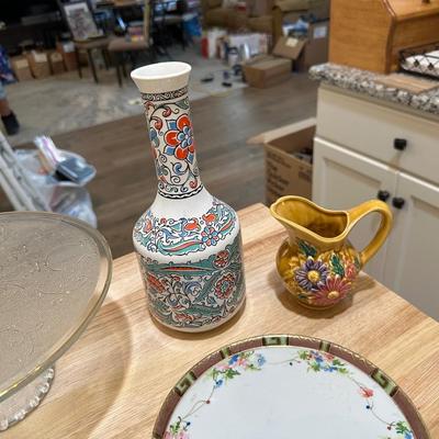 HAND PAINTED PLATES AND OTHER GLASS AND POTTERY