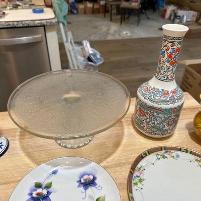 HAND PAINTED PLATES AND OTHER GLASS AND POTTERY
