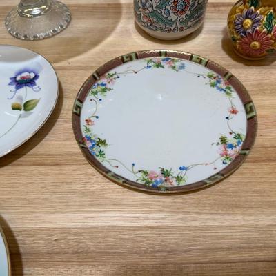 HAND PAINTED PLATES AND OTHER GLASS AND POTTERY
