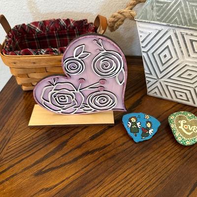 LONGERBERGER BASKET, METAL BASKET AND HEARTS