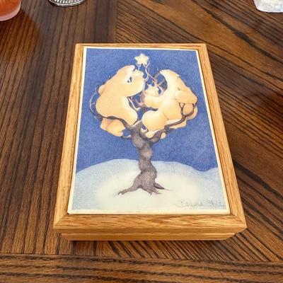 WOODEN BOX, WEIGHTED STERLING SILVER VASE AND MORE