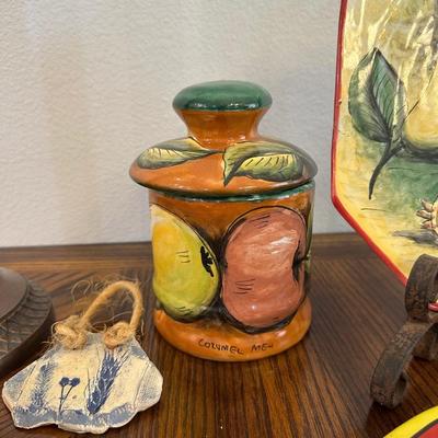 PALM TREE CANDLE, WALL SCONCES AND MEXICAN POTTERY