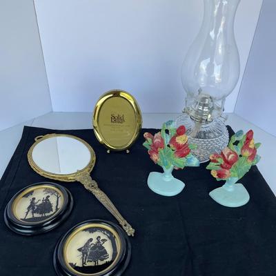 7 Piece Lot, Silhouette Pictures, Oil Lamp, Cast Iron bookends