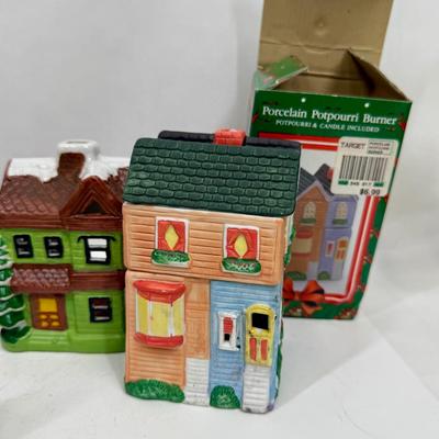 Sale Photo Thumbnail #338: In fair to good condition - small trinket. box house has a broken hinge, and green house has some melted candle inside.