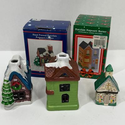 Sale Photo Thumbnail #342: In fair to good condition - small trinket. box house has a broken hinge, and green house has some melted candle inside.