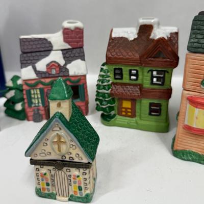 Sale Photo Thumbnail #339: In fair to good condition - small trinket. box house has a broken hinge, and green house has some melted candle inside.