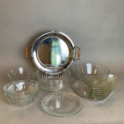 K872 Arcoroc France Glass Serving Bowls With Stainless Steel Tray