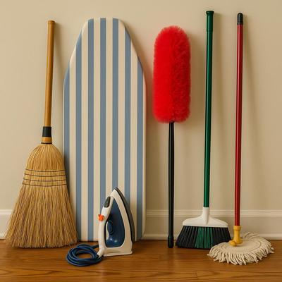 K905 Large Lot of Cleaning Brooms and Ironing Board