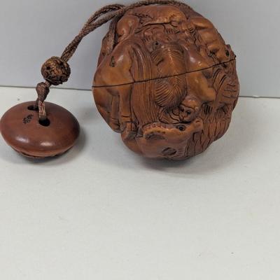 May Japanese Carved Boxwood Tonkotsu Tobacco Box Netsuke