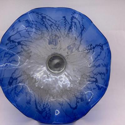 Sale Photo Thumbnail #181: Modern hand blown glass art platter . Could serve as wall hanging or table centerpiece
Diameter 19.5 in. 6.5 tall