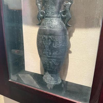 Sale Photo Thumbnail #194: Chinese Bronze Zun Vessel in Shadow Box. Measuring framed approximately 27 inches, picture 19 inches.