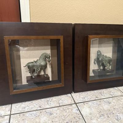 Sale Photo Thumbnail #198: Pair of Chinese Tang Dynasty Style Bronze Horse in Shadow Box
Sight size: 13"x13". Frame size: 21.75"Lx4.5"Wx21.5"H