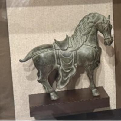 Sale Photo Thumbnail #197: Pair of Chinese Tang Dynasty Style Bronze Horse in Shadow Box
Sight size: 13"x13". Frame size: 21.75"Lx4.5"Wx21.5"H