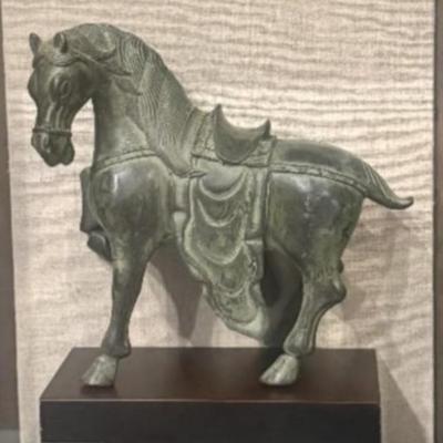 Sale Photo Thumbnail #199: Pair of Chinese Tang Dynasty Style Bronze Horse in Shadow Box
Sight size: 13"x13". Frame size: 21.75"Lx4.5"Wx21.5"H