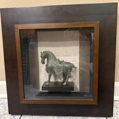 Sale Photo Thumbnail #200: Pair of Chinese Tang Dynasty Style Bronze Horse in Shadow Box
Sight size: 13"x13". Frame size: 21.75"Lx4.5"Wx21.5"H
