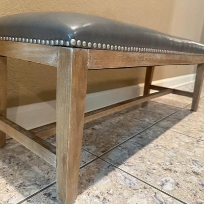 Sale Photo Thumbnail #201: Grey Faux Leather Bench with light brown wood legs