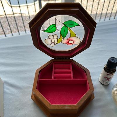 JEWELRY BOXES AND BAGS, ONE IS A MUSIC BOX