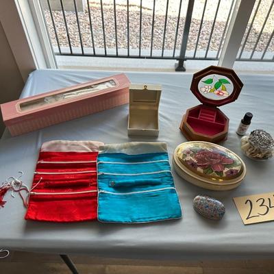 JEWELRY BOXES AND BAGS, ONE IS A MUSIC BOX