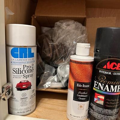 CLEANING SUPPLIES, GLUE, MINK OIL, SPRAY PAINT, ETC.