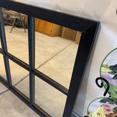 WINDOW FRAME MIRROR, PLATE RACK AND CANDLE SCONCES