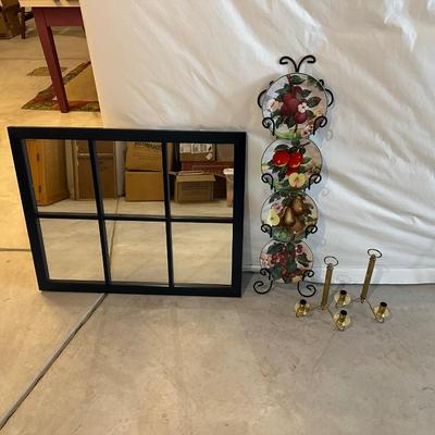 WINDOW FRAME MIRROR, PLATE RACK AND CANDLE SCONCES