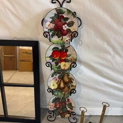 WINDOW FRAME MIRROR, PLATE RACK AND CANDLE SCONCES