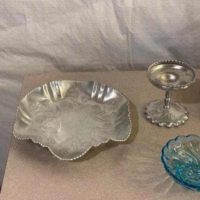 ALUMINUM DISH AND CANDLE STAND, PEWTER BREAD PLATE AND BOWLS