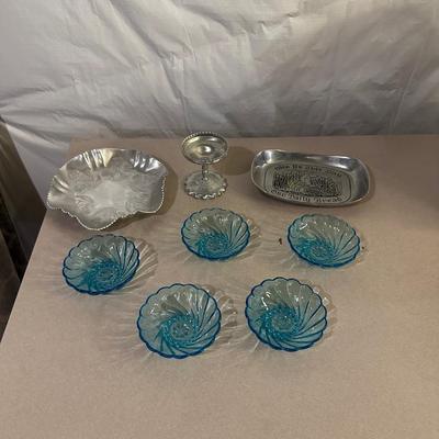 ALUMINUM DISH AND CANDLE STAND, PEWTER BREAD PLATE AND BOWLS