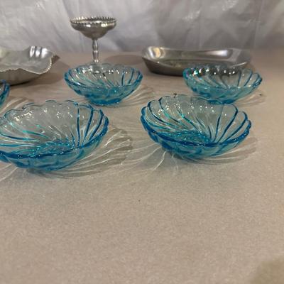 ALUMINUM DISH AND CANDLE STAND, PEWTER BREAD PLATE AND BOWLS