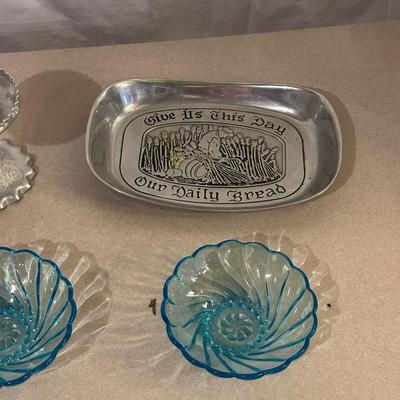 ALUMINUM DISH AND CANDLE STAND, PEWTER BREAD PLATE AND BOWLS