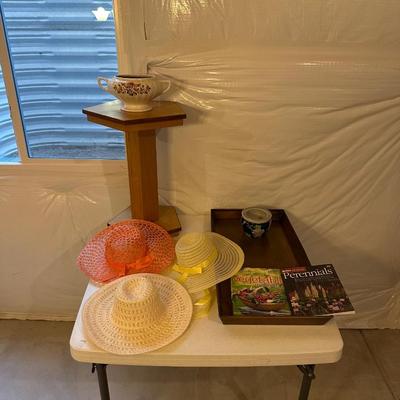 PLANT STAND, LADIES SUN HATS AND METAL TRAY