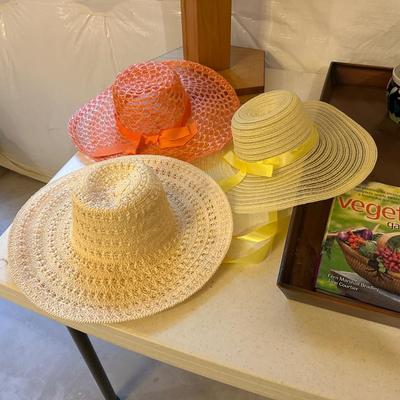 PLANT STAND, LADIES SUN HATS AND METAL TRAY