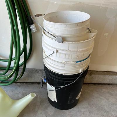 BUCKETS, GARDEN HOSE AND WATERING CAN