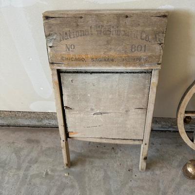 OLD WASH BOARD, BELL CHIMES AND WOOD STORAGE BOX