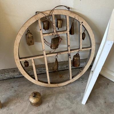 OLD WASH BOARD, BELL CHIMES AND WOOD STORAGE BOX