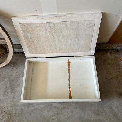 OLD WASH BOARD, BELL CHIMES AND WOOD STORAGE BOX