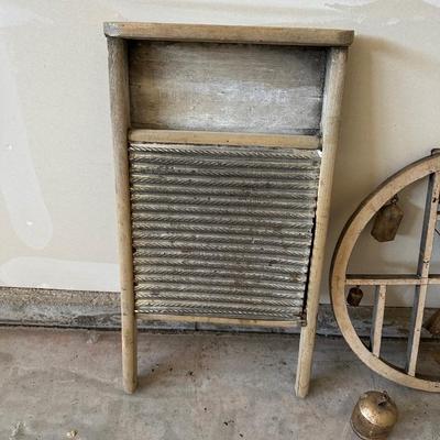 OLD WASH BOARD, BELL CHIMES AND WOOD STORAGE BOX