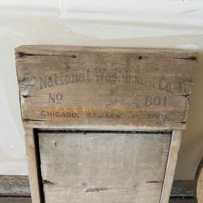OLD WASH BOARD, BELL CHIMES AND WOOD STORAGE BOX