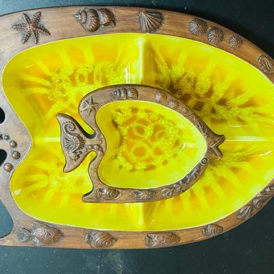 Vintage Ceramic Serving Set featuring a large Divided Fish Shaped Tray w/matching Fish