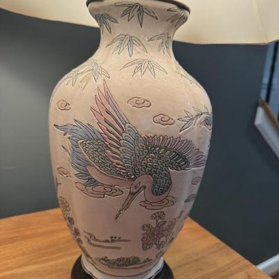 12” Ceramic Table Lamp. Asian Influence with Cranes & Wood Base. Lamp Only.