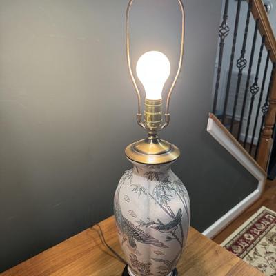 12” Ceramic Table Lamp. Asian Influence with Cranes & Wood Base. Lamp Only.