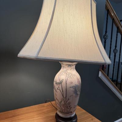 12” Ceramic Table Lamp. Asian Influence with Cranes & Wood Base. Lamp Only.