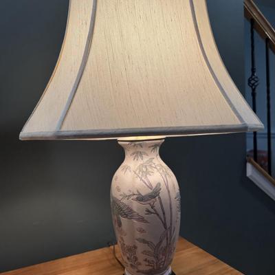 12” Ceramic Table Lamp. Asian Influence with Cranes & Wood Base. Lamp Only.