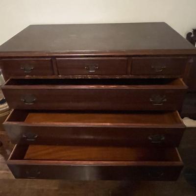 Sale Photo Thumbnail #22: The dresser measures approx. 43.5" x 21" 38.5". The dresser does show some ware and tare from age. Please see photos for more details.